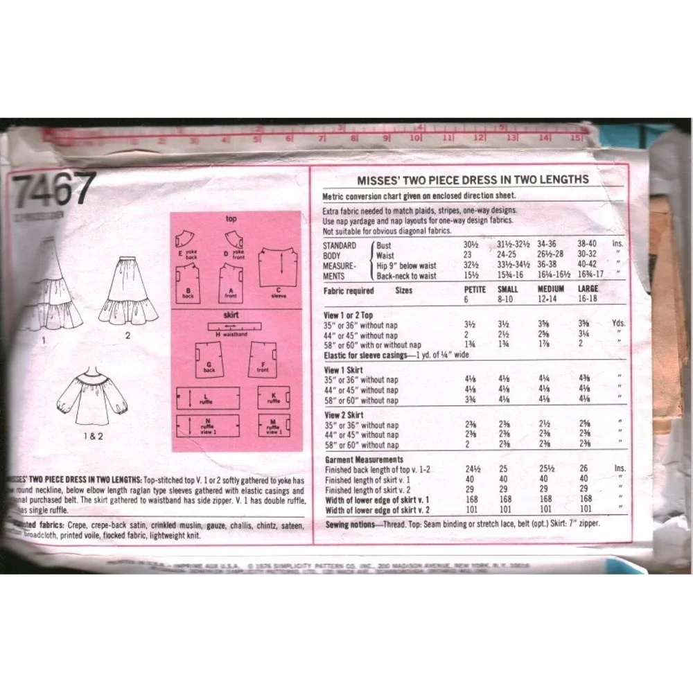 Vintage 1976 Simplicity 7467 Sewing Pattern Misses Two Piece Dress Size 12-14 M